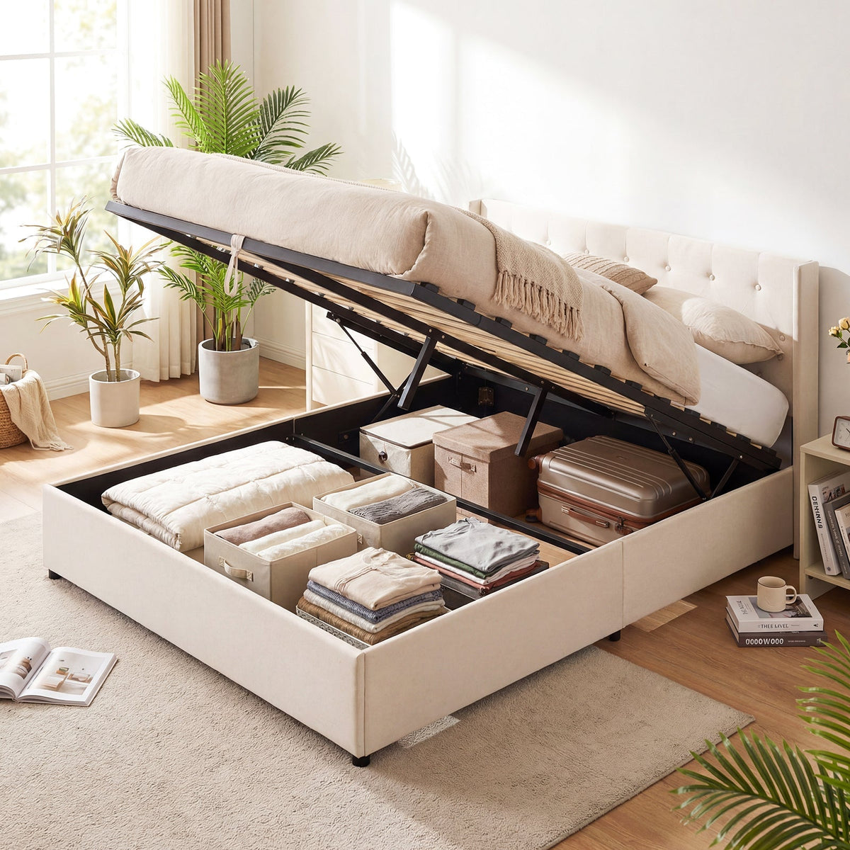 Queen Size Lift-up Storage Bed Modern Linen Upholstered Platform Bed