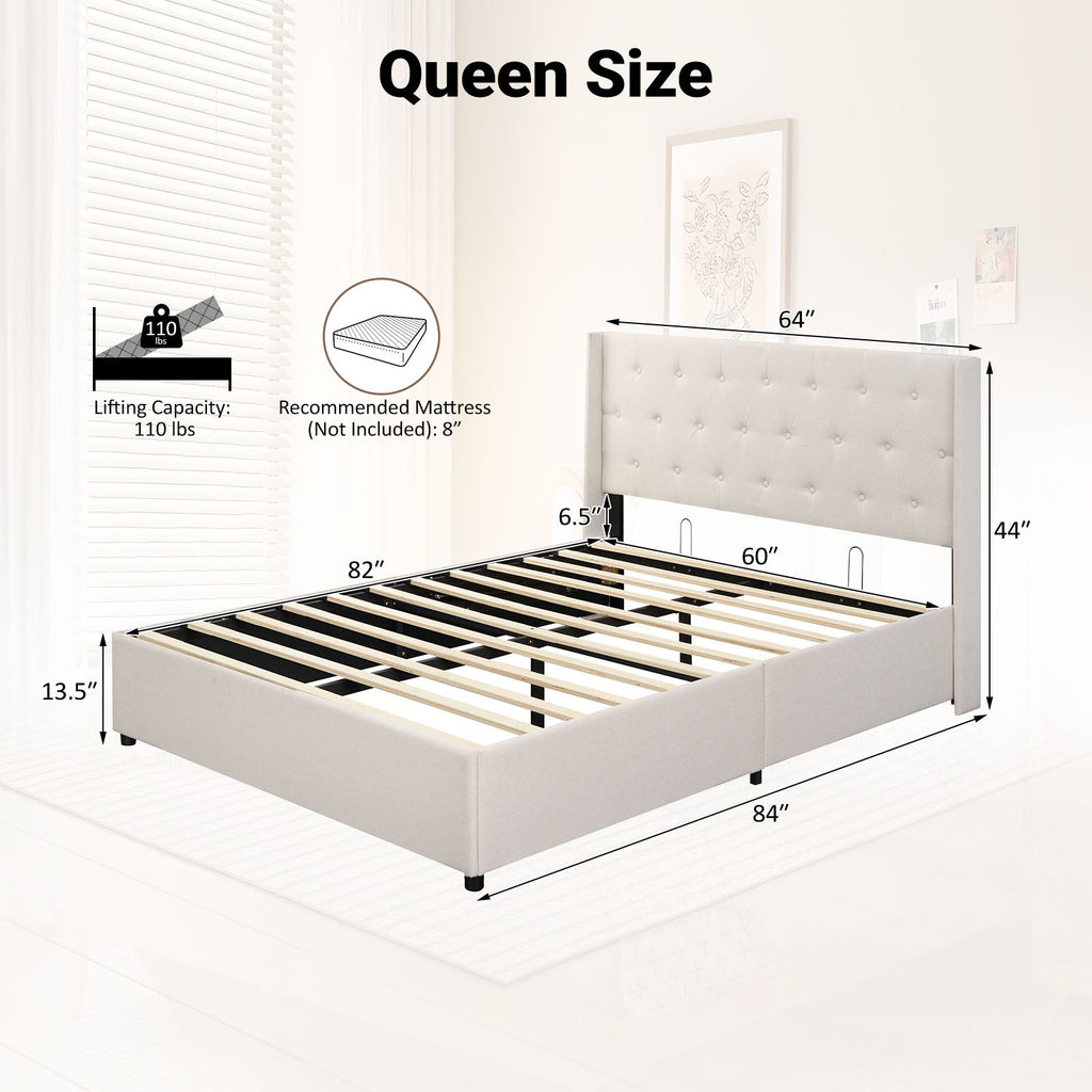 Queen Size Lift-up Storage Bed Modern Linen Upholstered Platform Bed