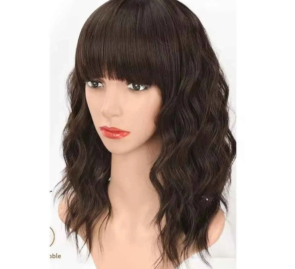 Natural brown synthetic curly wavy Bob wig