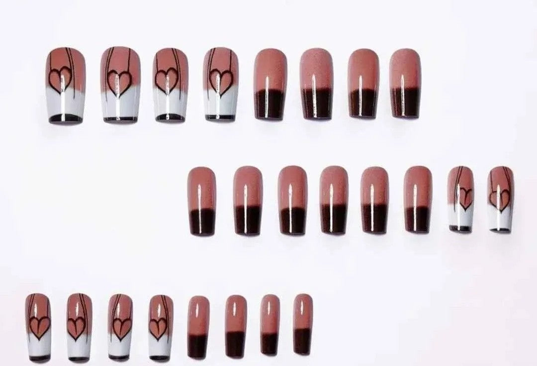 24pc Glossy Brown Heart-Shaped Fake Nails