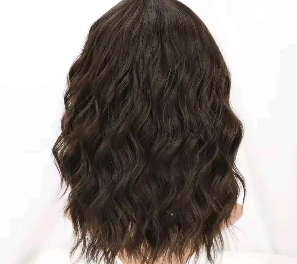 Natural brown synthetic curly wavy Bob wig