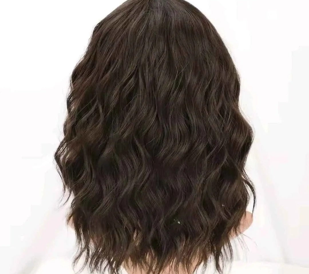 Natural brown synthetic curly wavy Bob wig