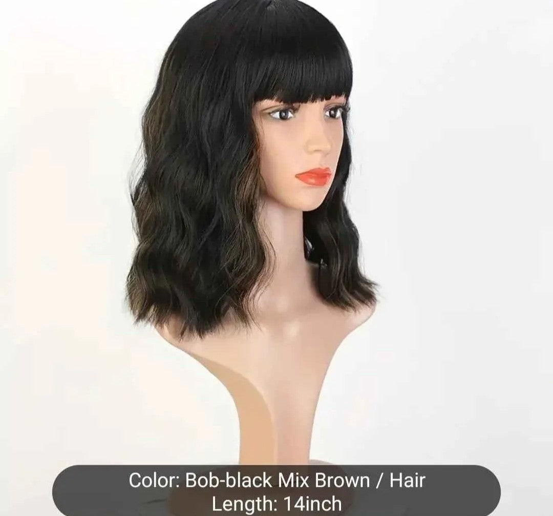 Stylish Black to Brown Ombre Wavy Bob Wig with Bangs
