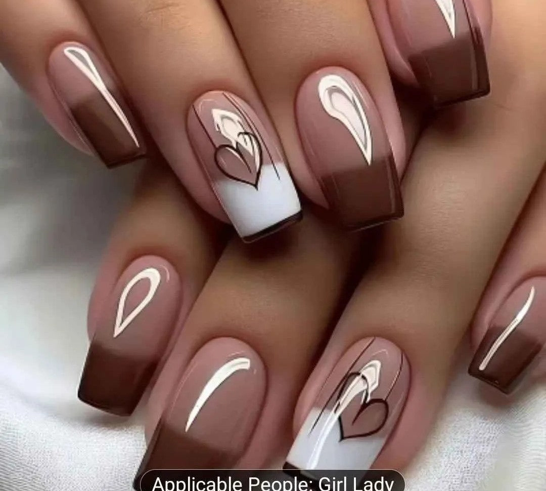 24pc Glossy Brown Heart-Shaped Fake Nails