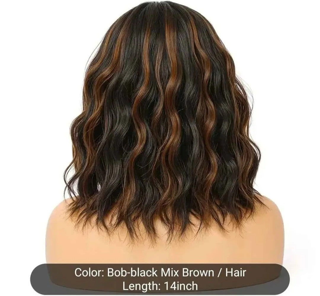 Stylish Black to Brown Ombre Wavy Bob Wig with Bangs