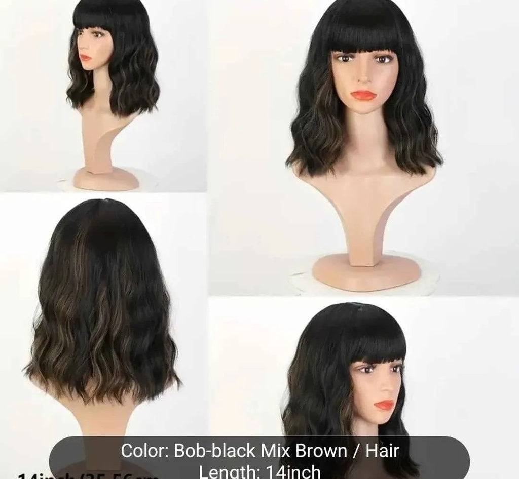 Stylish Black to Brown Ombre Wavy Bob Wig with Bangs