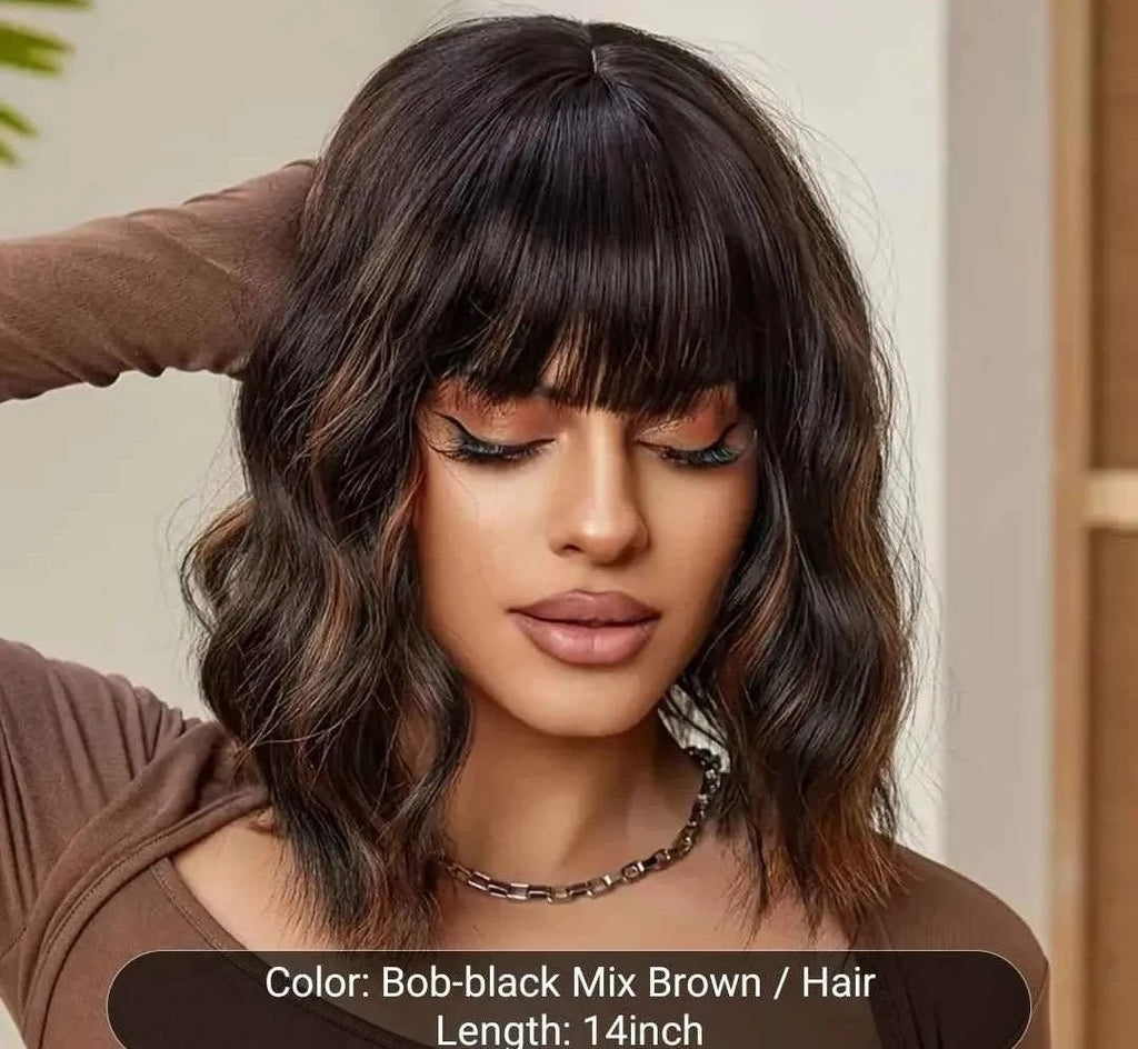 Stylish Black to Brown Ombre Wavy Bob Wig with Bangs