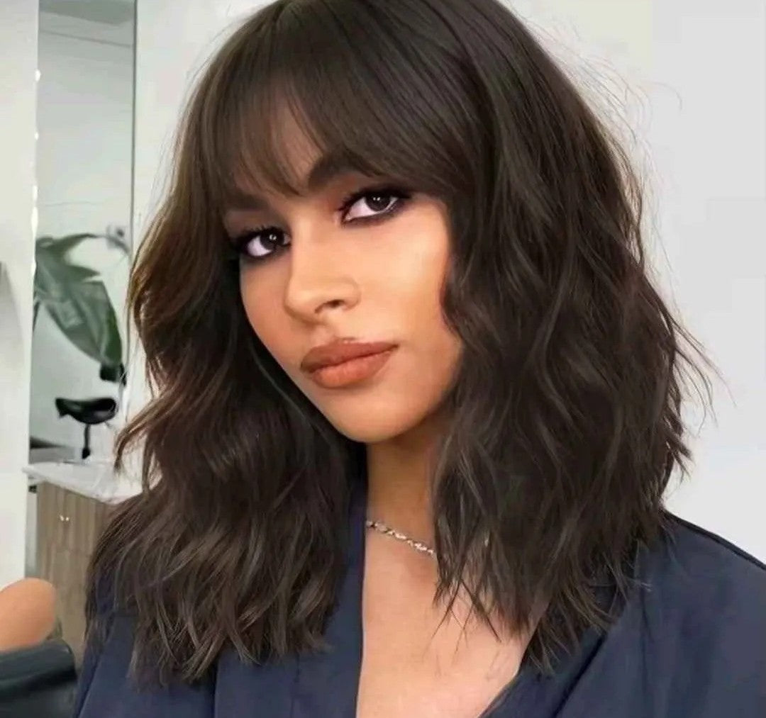 Natural brown synthetic curly wavy Bob wig