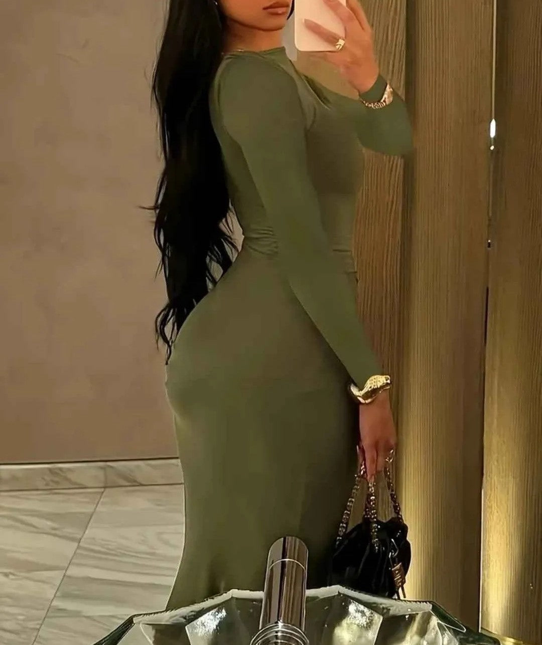 Sexy Long Sleeve Bodycon Dress with Ruched Detailing (L)