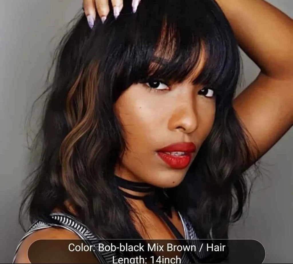 Stylish Black to Brown Ombre Wavy Bob Wig with Bangs